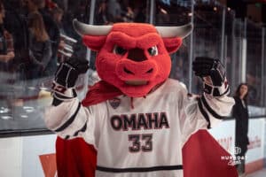 UNO Mavericks mascot during a college hockey game on Jan 11th, 2025 in Omaha, Nebraska. Photo by Logan Hock