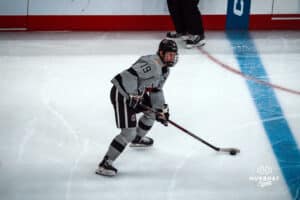 UNO Mavericks player, Garrett Pinoniemi, makes his way to the goal during a college hockey game on Jan 11th, 2025 in Omaha, Nebraska. Photo by Logan Hock
