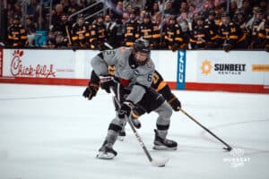 UNO Mavericks player, Zach Urdahl, makes his way to the goal during a college hockey game on Jan 11th, 2025 in Omaha, Nebraska. Photo by Logan Hock