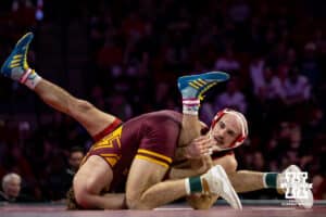 #6 Nebraska Cornhusker Brock Hardy takes on #8 Minnesota Golden Gopher Vance Vombaur during a college wrestling match, Saturday, January 11, 2025, in Lincoln, Nebraska. Hardy defeats Vombaur 12-10. Photo by John S. Peterson.