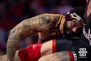 #24 Nebraska Cornhuskers Harley Andrews takes on #1 Minnesota Golden Gopher Gable Stevens during a college wrestling match, Saturday, January 11, 2025, in Lincoln, Nebraska. Steveson defeats Andrews 19-4. Photo by John S. Peterson.