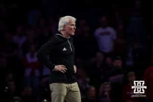 Nebraska Cornhusker head coach Mark Manning watches on as Christopher Minto wrestles against #9 Minnesota Golden Gopher Andrew Sparks during a college wrestling match, Saturday, January 11, 2025, in Lincoln, Nebraska. Minto upsets Sparks 5-4. Photo by John S. Peterson.