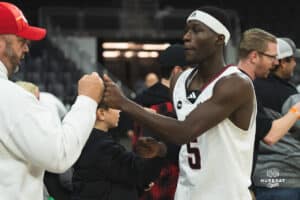 Omaha Maverick Ja'Sean Glover thanking fans during a basketball game at Baxter Arena on January 11th, 2025 in Omaha Nebraska. Photo by Collin Stilen.