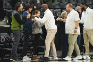 Omaha Maverick coaches thanking fans for coming to the game against the South Dakota Jackrabbits during a basketball game at Baxter Arena Friday, January 11th, 2025, in Omaha Nebraska. Photo by Collin Stilen.