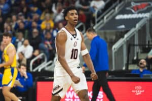 Omaha Maverick Marquel Sutton celebrating another big time point during a basketball game at Baxter Arena on January 11th, 2025 in Omaha Nebraska. Photo by Collin Stilen.