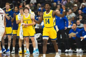 South Dakota State Jackrabbit Jaden Jackson talking with his team against the Omaha Mavricks during a basketball game at Baxter Arena on January 11th, 2025 in Omaha Nebraska. Photo by Collin Stilen.