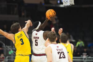 Omaha Maverick Ja'Sean Glover going for a layup during a basketball game at Baxter Arena on January 11th, 2025 in Omaha Nebraska. Photo by Collin Stilen.
