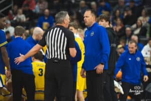 Omaha Maverick SDSU Head Coach upset with the referee during a basketball game at Baxter Arena on January 11th, 2025 in Omaha Nebraska. Photo by Collin Stilen.