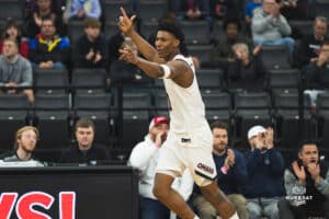 Omaha Maverick Marquel Sutton celebrates a three pointer in the second half during a basketball game at Baxter Arena on January 11th, 2025 in Omaha Nebraska. Photo by Collin Stilen.