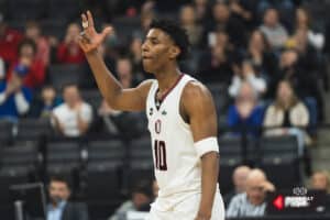 Omaha Maverick Marquel Sutton celebrates a three pointer during a basketball game at Baxter Arena on January 11th, 2025 in Omaha Nebraska. Photo by Collin Stilen.