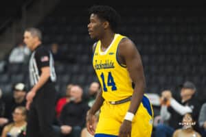 South Dakota State Jackrabbit Jaden Jackson from Bellevue West against the Omaha Mavericks during a basketball game at Baxter Arena on January 11th, 2025 in Omaha Nebraska. Photo by Collin Stilen.