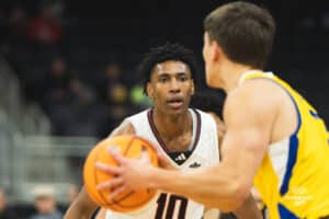 Omaha Maverick Marquel Sutton eyeing down the SDSU player during a basketball game at Baxter Arena on January 11th, 2025 in Omaha Nebraska. Photo by Collin Stilen.