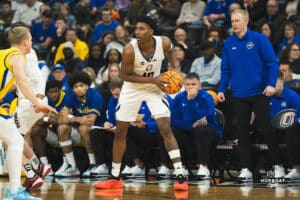 Omaha Maverick Marquel Sutton looks for a pass during a basketball game at Baxter Arena on January 11th, 2025 in Omaha Nebraska. Photo by Collin Stilen.