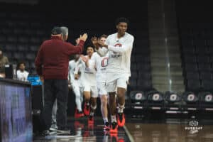 The team comes out for the game during a basketball game at Baxter Arena on January 11th, 2025 in Omaha Nebraska. Photo by Collin Stilen.