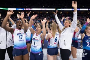 Omaha Supernovas wave to the fans thanking them for their support after winning the season opener against the Atlanta Vibe during a professional volleyball match, Friday, January 10, 2025, in Omaha, Nebraska. Photo by John S. Peterson.