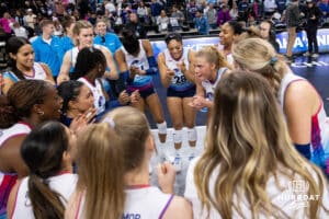 Omaha Supernovas outside hitter Brooke Nuneviller (5) talks to the team after the win over the Atlanta Vibe during a professional volleyball match, Friday, January 10, 2025, in Omaha, Nebraska. Photo by John S. Peterson.