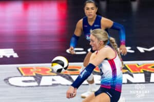 Omaha Supernovas outside hitter Ally Batenhorst (14) passes the ball against the Atlanta Vibe during a professional volleyball match, Friday, January 10, 2025, in Omaha, Nebraska. Photo by John S. Peterson.