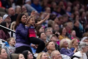 Omaha Supernovas fans having fun with the Simba Cam against the Atlanta Vibe during a professional volleyball match Friday, January 10, 2025, in Omaha, Nebraska. Photo by John S. Peterson.
