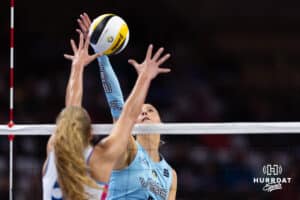 Atlanta Vibe opposite hitter Merritt Beason (5) spikes the ball against Omaha Supernovas outside hitter Brooke Nuneviller (5) in the first set during a professional volleyball match, Friday, January 10, 2025, in Omaha, Nebraska. Photo by John S. Peterson.