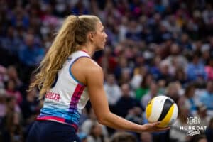 Omaha Supernovas outside hitter Brooke Nuneviller (5) serves the ball against the Atlanta Vibe in the first set during a professional volleyball match, Friday, January 10, 2025, in Omaha, Nebraska. Photo by John S. Peterson.
