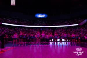 Omaha Supernovas line up for the introductions before taking on the Atlanta Vibe during a professional volleyball match, Friday, January 10, 2025, in Omaha, Nebraska. Photo by John S. Peterson.