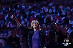 Supernovas president Diane Mendenhall address the fans celebrating the championship from the year before with a banner drop Friday, January 10, 2024, in Omaha, Nebraska. Photo by John S. Peterson.