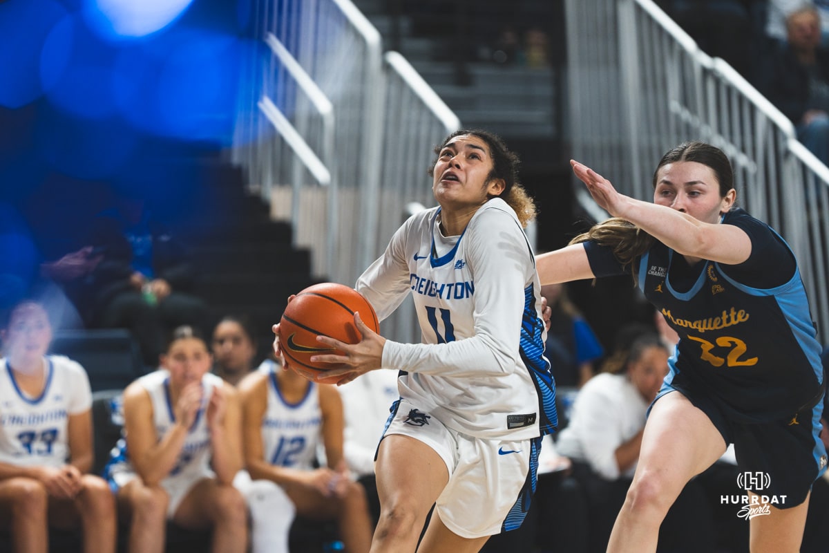 Kiani Lockett goes up for a layup during a basketball game at Sokol Arena on January 8th, 2025 in Omaha Nebraska. Photo by Collin Stilen.