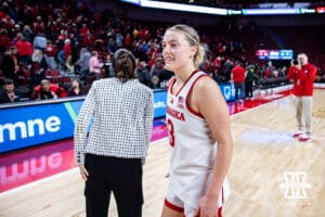 Nebraska Cornhuskers guard Allison Weidner (3) heads to the locker room after the win over the Michigan State Spartans during a college basketball game, Wednesday, January 8, 2025, in Lincoln, Nebraska. Photo by John S. Peterson.