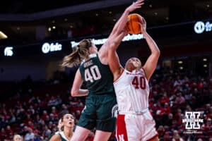 Nebraska Cornhuskers center Alexis Markowski (40) fouled by Michigan State Spartans guard Julia Ayrault (40) in the fourth quarter during a college basketball game, Wednesday, January 8, 2025, in Lincoln, Nebraska. Photo by John S. Peterson.