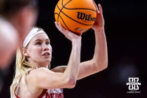 Nebraska Cornhuskers guard Britt Prince (23) makes a freethrow against the Michigan State Spartans in the fourth quarter during a college basketball game, Wednesday, January 8, 2025, in Lincoln, Nebraska. Photo by John S. Peterson.