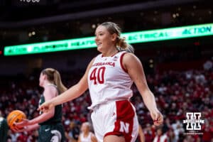 Nebraska Cornhuskers center Alexis Markowski (40) smiles after making another basket against the Michigan State Spartans in the fouth quarter during a college basketball game, Wednesday, January 8, 2025, in Lincoln, Nebraska. Photo by John S. Peterson.