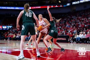 Nebraska Cornhuskers center Alexis Markowski (40) goes for a basket against Michigan State Spartans forward Grace VanSlooten (14) in the fourth quarter during a college basketball game, Wednesday, January 8, 2025, in Lincoln, Nebraska. Photo by John S. Peterson.