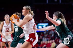 Nebraska Cornhuskers center Alexis Markowski (40) ready to drive to the basket against Michigan State Spartans forward Grace VanSlooten (14) in the fourth quarter during a college basketball game, Wednesday, January 8, 2025, in Lincoln, Nebraska. Photo by John S. Peterson.