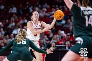Nebraska Cornhuskers guard Allison Weidner (3) makes a pass against Michigan State Spartans guard Kennedy Blair (35) in the fourth quarter during a college basketball game, Wednesday, January 8, 2025, in Lincoln, Nebraska. Photo by John S. Peterson.