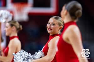 Nebraska Cornhuskers Scarlets dance team ready to perform at a break against the Michigan State Spartans at the end of the third quarter during a college basketball game, Wednesday, January 8, 2025, in Lincoln, Nebraska. Photo by John S. Peterson.