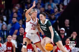 Nebraska Cornhuskers forward Jessica Petrie (12) defending against Michigan State Spartans center Ines Sotelo (15) in the second half during a college basketball game, Wednesday, January 8, 2025, in Lincoln, Nebraska. Photo by John S. Peterson.