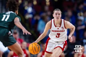 Nebraska Cornhuskers guard Allison Weidner (3) dribbles the ball down the court against Michigan State Spartans guard Jocelyn Tate (11) in the second half during a college basketball game, Wednesday, January 8, 2025, in Lincoln, Nebraska. Photo by John S. Peterson.