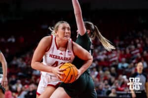 Nebraska Cornhuskers center Alexis Markowski (40) drives to the basket against the Michigan State Spartans in the second half during a college basketball game, Wednesday, January 8, 2025, in Lincoln, Nebraska. Photo by John S. Peterson.