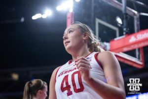 Nebraska Cornhuskers center Alexis Markowski (40) walking after making a basket against the Michigan State Spartans in the second half during a college basketball game, Wednesday, January 8, 2025, in Lincoln, Nebraska. Photo by John S. Peterson.