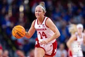 Nebraska Cornhuskers guard Callin Hake (14) dribbles the ball against the Michigan State Spartans in the second half during a college basketball game, Wednesday, January 8, 2025, in Lincoln, Nebraska. Photo by John S. Peterson.