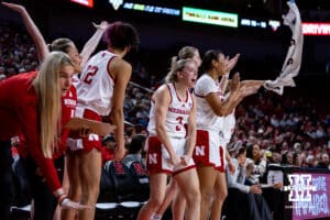 Nebraska Cornhuskers bench celebrates a bucket against the Michigan State Spartans in the third quarter during a college basketball game, Wednesday, January 8, 2025, in Lincoln, Nebraska. Photo by John S. Peterson.