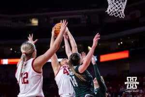 Nebraska Cornhuskers center Alexis Markowski (40) fights for the rebound against Michigan State Spartans forward Grace VanSlooten (14) in the second quarter during a college basketball game, Wednesday, January 8, 2025, in Lincoln, Nebraska. Photo by John S. Peterson.