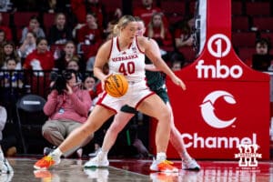 Nebraska Cornhuskers center Alexis Markowski (40) drives to the basket against Michigan State Spartans guard Julia Ayrault (40) in the second quarter during a college basketball game, Wednesday, January 8, 2025, in Lincoln, Nebraska. Photo by John S. Peterson.