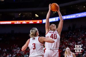 Nebraska Cornhuskers center Alexis Markowski (40) pulls down a rebound against the Michigan State Spartans during a college basketball game, Wednesday, January 8, 2025, in Lincoln, Nebraska. Photo by John S. Peterson.