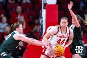 Nebraska Cornhuskers forward Petra Bozan (44) keeps the ball away from Michigan State Spartans guard Julia Ayrault (40) in the second quarter during a college basketball game, Wednesday, January 8, 2025, in Lincoln, Nebraska. Photo by John S. Peterson.