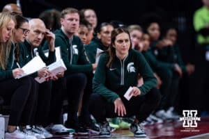 Michigan State Spartans head coach Robyn Fralick looks frustrated in the second quarter against the Nebraska Cornhuskers during a college basketball game, Wednesday, January 8, 2025, in Lincoln, Nebraska. Photo by John S. Peterson.