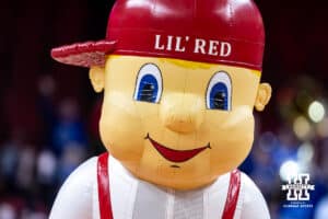 Nebraska Cornhuskers mascot Lil' Red entertaining the fans against the Michigan State Spartans during a college basketball game, Wednesday, January 8, 2025, in Lincoln, Nebraska. Photo by John S. Peterson.