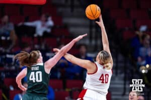 Nebraska Cornhuskers center Alexis Markowski (40) makes a layup against Michigan State Spartans guard Julia Ayrault (40) in the first half during a college basketball game, Wednesday, January 8, 2025, in Lincoln, Nebraska. Photo by John S. Peterson.