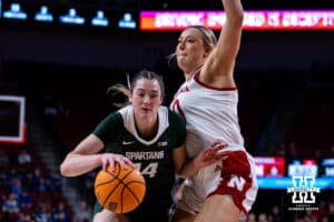 Nebraska Cornhuskers center Alexis Markowski (40) defends against Michigan State Spartans forward Grace VanSlooten (14) in the fiirst half during a college basketball game, Wednesday, January 8, 2025, in Lincoln, Nebraska. Photo by John S. Peterson.