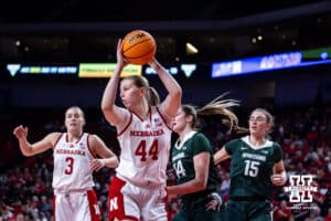 Nebraska Cornhuskers forward Petra Bozan (44) grabs a rebound in the first quarter against the Michigan State Spartans during a college basketball game, Wednesday, January 8, 2025, in Lincoln, Nebraska. Photo by John S. Peterson.